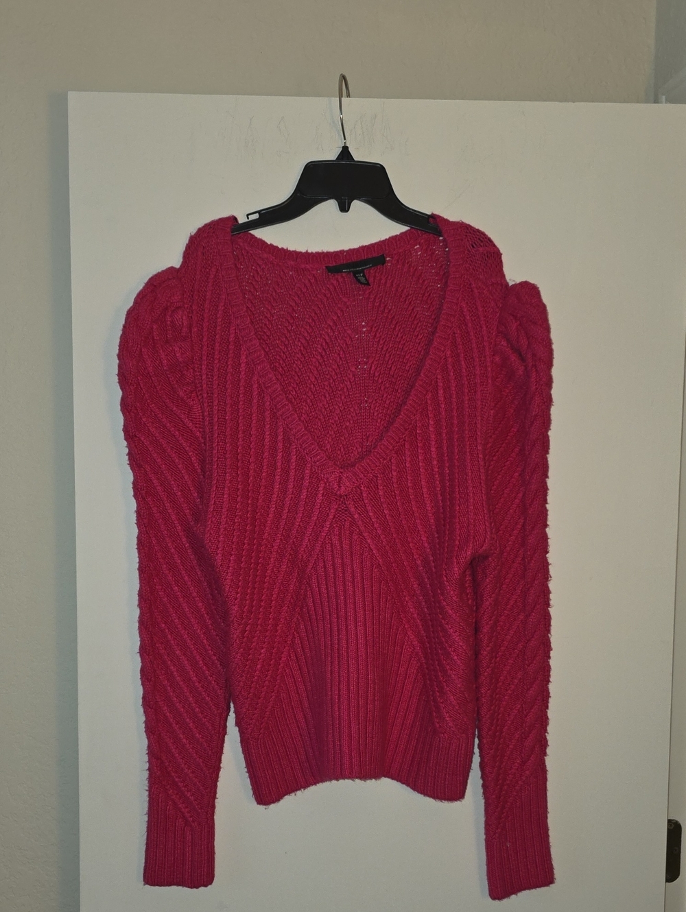 White House Black Market Fuchsia V-Neck Cable Knit Sweater